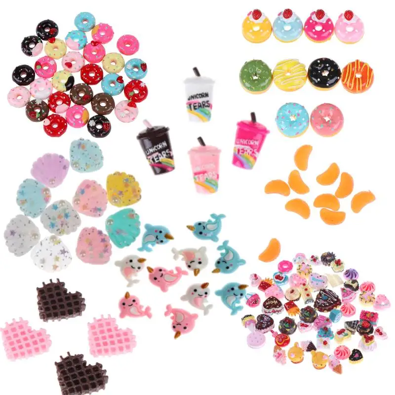 

10Pcs Mini Play Food Cake Biscuit Donut Cake Doll Miniature Pretend Toy Rainbow Coffee Cup Polymer Slime Charm Modeling Clay DIY