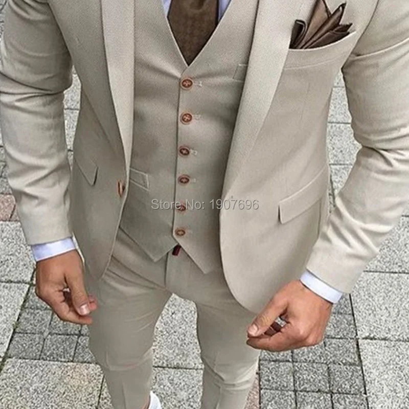 Beige Mens Suits 2018 Three Piece Jacket Pants Vest Custom Slim Fit Male Blazer Wedding Groom Tuxedos