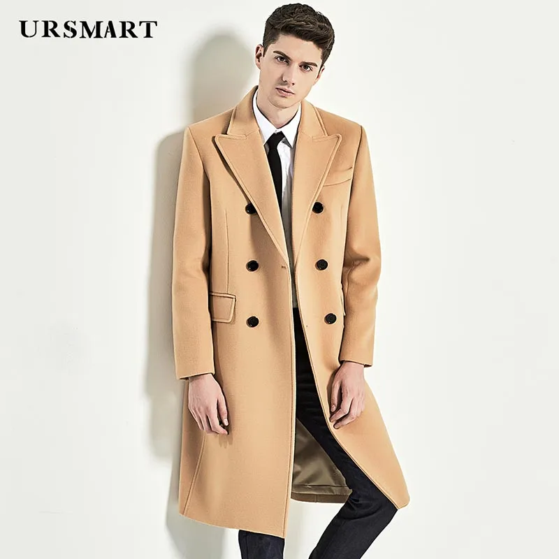 URSMART длинное пальто из верблюжьей шерсти, мужское двубортное деловое повседневное пальто, Мужское пальто в стиле милитари - Цвет: The color of camels