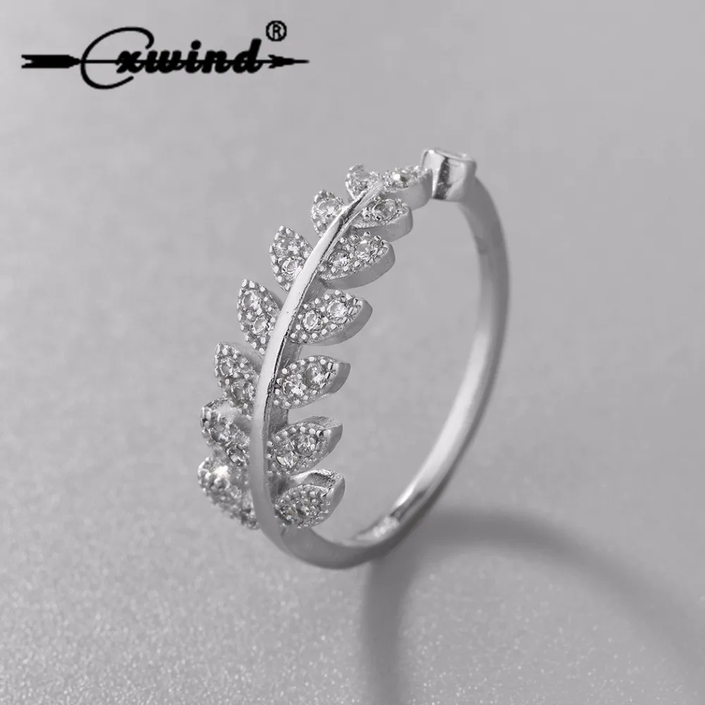

Fashion 925 Sterling Silver Feather Ring Luxury Zircon Crystal Leaves Rings Jewelry For Women Female Wedding Open Rings Bijoux