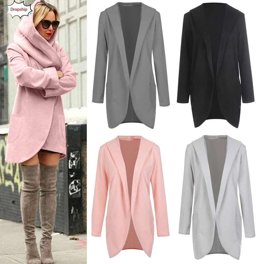 2019 Hot Fashion Women Solid Woolen Hooded Thin Coat Loose