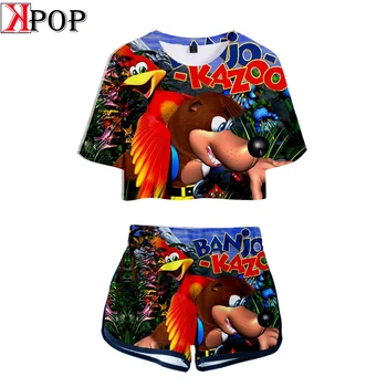 

Banjo Kazooie 3D Summer Ladies Simple Women Two Pieces Sets High Srteet Navel short sleeve T-shirt and Short Pants O-neck Shirt