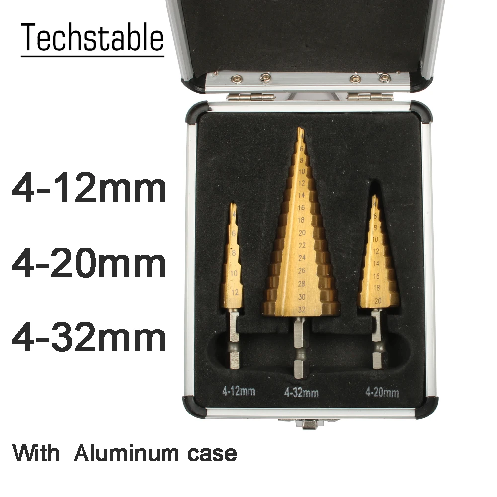 Шестигранное титановое ступенчатое конусное сверло, Дырокол 3-12 4-12 4-20 4-32 мм HSS 4241 для листового металла, стали, дерева, металла, алюминиевый чехол - Цвет: 4-12 4-20 4-32 case