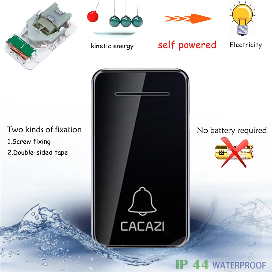 CACAZI Waterproof Self-powered Wireless Doorbell 200M EU AU UK US Plug smart Door Bell ring button 1 2 receiver no battery CACAZI Waterproof Self-powered Wireless Doorbell 200M EU AU UK US Plug smart Door Bell ring button 1 2 receiver no battery