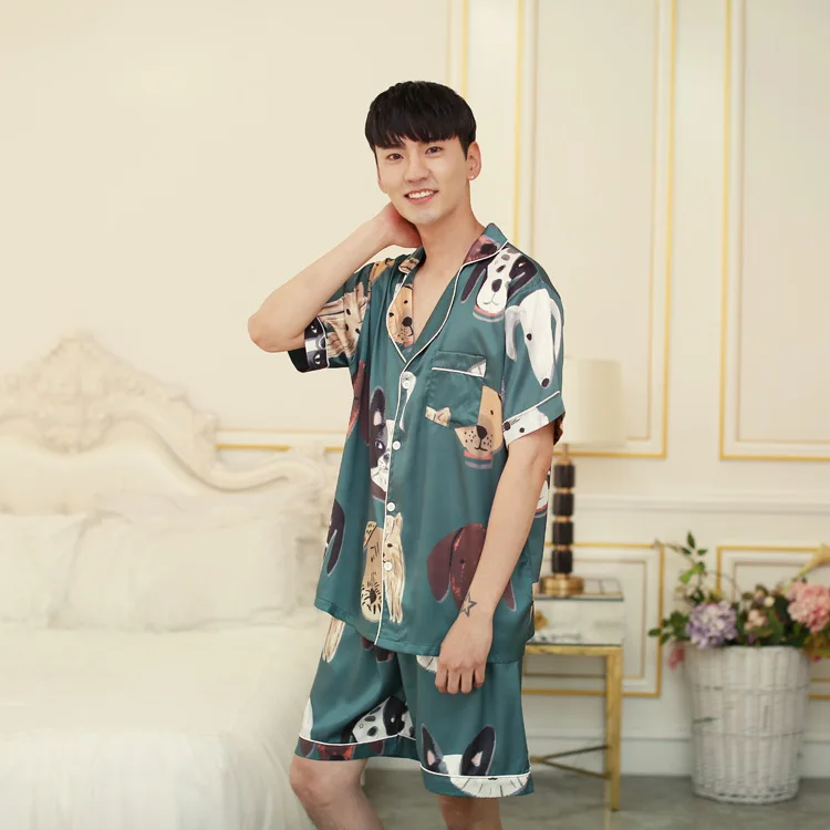 Silk men's pajamas cartoon thin summer silk pajama set with shorts short sleeves loungewear Satin Sleepwear Casual print dog