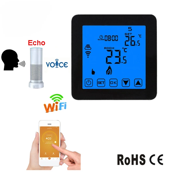 

Black 16A Alexa Echo Speaker Touch Screen 7 Days Programmable WIFI Thermostat with Ios and Android APP