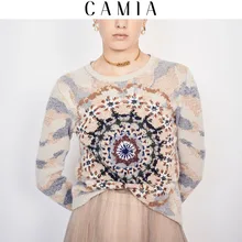 CAMIA Осень женский свитер контрастный цвет вышивка цветок круглый вырез с длинным рукавом