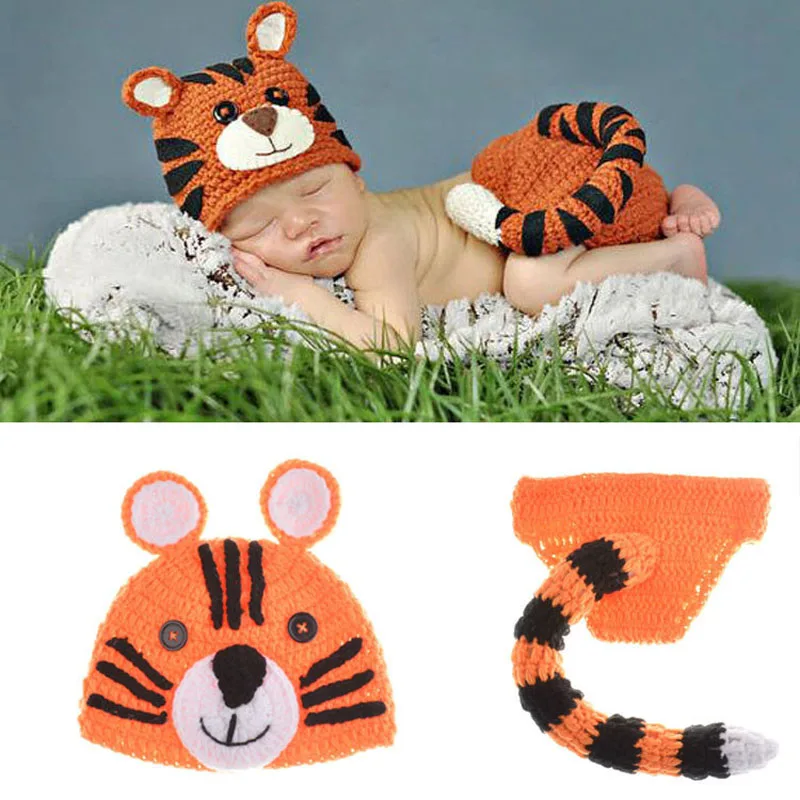 Детский костюм тигра, наряд для новорожденных, реквизит для фотосъемки ручной работы, вязаная шапочка животное с хвостыми штанами H108