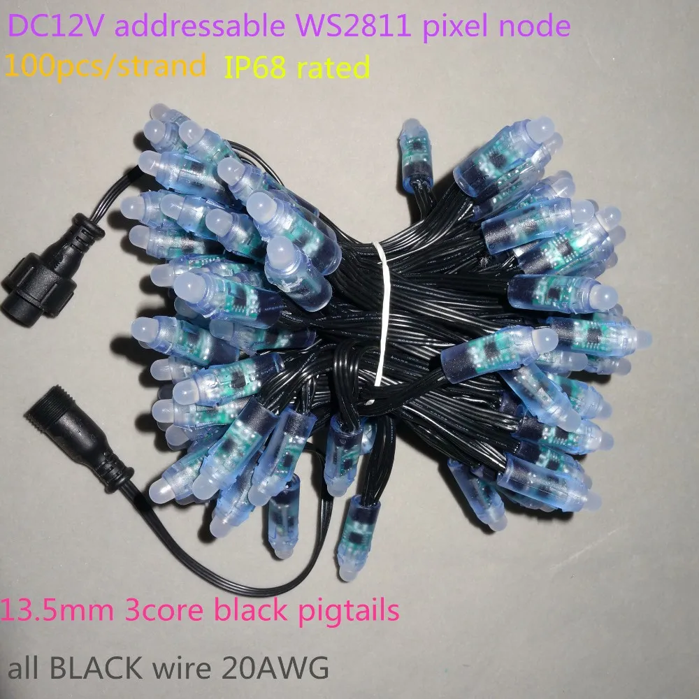 

100pcs/set DC12V addressable 12mm WS2811 led smart pixel node,RGB full color;all BLACK 18AWG)wire,IP68;with 2m 13.5mm pigtail