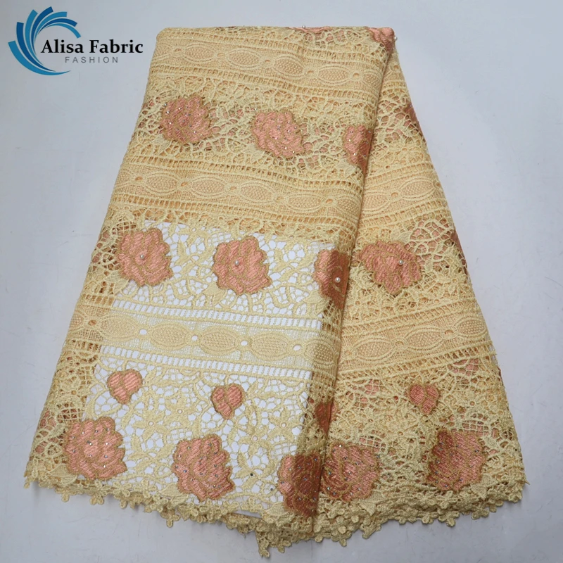 

Latest Cord Lace Design High Quality African Lace Fabric 5 Yards/pcs Embroidered Water Soluble Lace Fabrics With Beads For Party