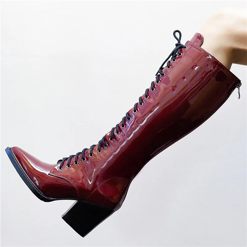 MORAZORA/ г. Сапоги до колена из высококачественной лакированной кожи женские ботинки осень-зима на шнуровке с острым носком Модные женские туфли в стиле панк - Цвет: Красный