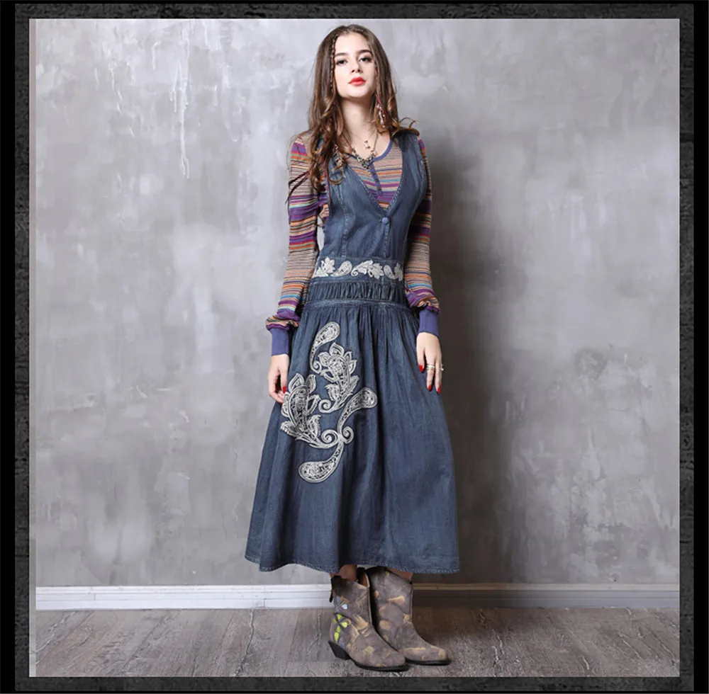 Vintage Hooded Dress Women 2018 New Arrival Denim Dresses Vintage Embroidery V-Neck Loose A-line Long Vestidos Femininas (10)