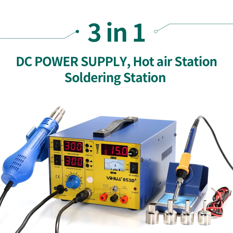 

YIHUA 853D+ 3A Mobile Phone Repairing 3 In 1 Soldering Station Gun With Soldering Iron And 3A DC Power Supply