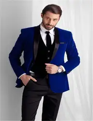 Королевский синий бархат Жених Смокинги Slim Fit groommens костюмы на заказ One Button Жених костюм для свадьбы S для Mens лучшие мужские Костюм для