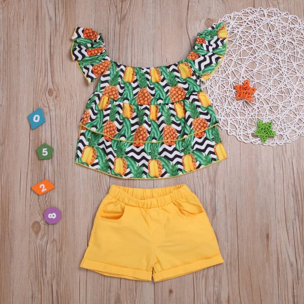 Модная детская одежда для маленьких девочек Футболка с принтом ананаса топы с каскадными оборками и шорты комплекты одежды для девочек из 2 предметов