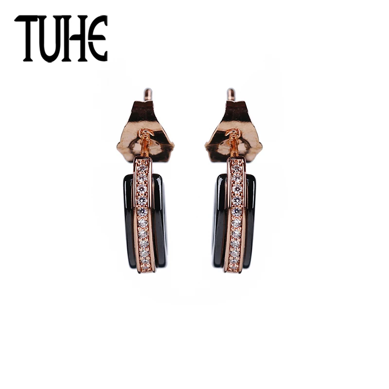 Новая мода 585 розовое золото один ряд горный хрусталь серьги-гвоздики из керамики черный керамика для женщин Девушка Прекрасный сияющий кристалл ювелирные изделия
