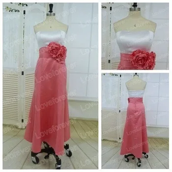 White and Pink Satin Handmade Flowers Modest Cheap Ankle Length Prom Dress 2012 | Свадьбы и торжества