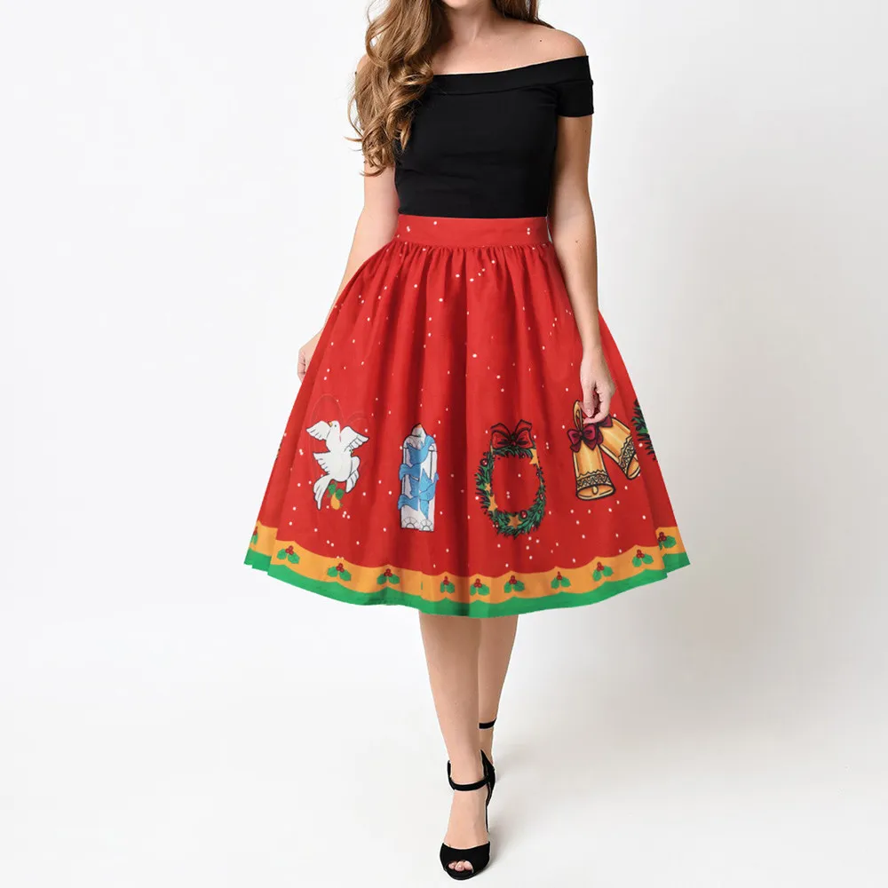 Women 2018 Christmas Elastic High Waist Flared Midi Skirt For Women