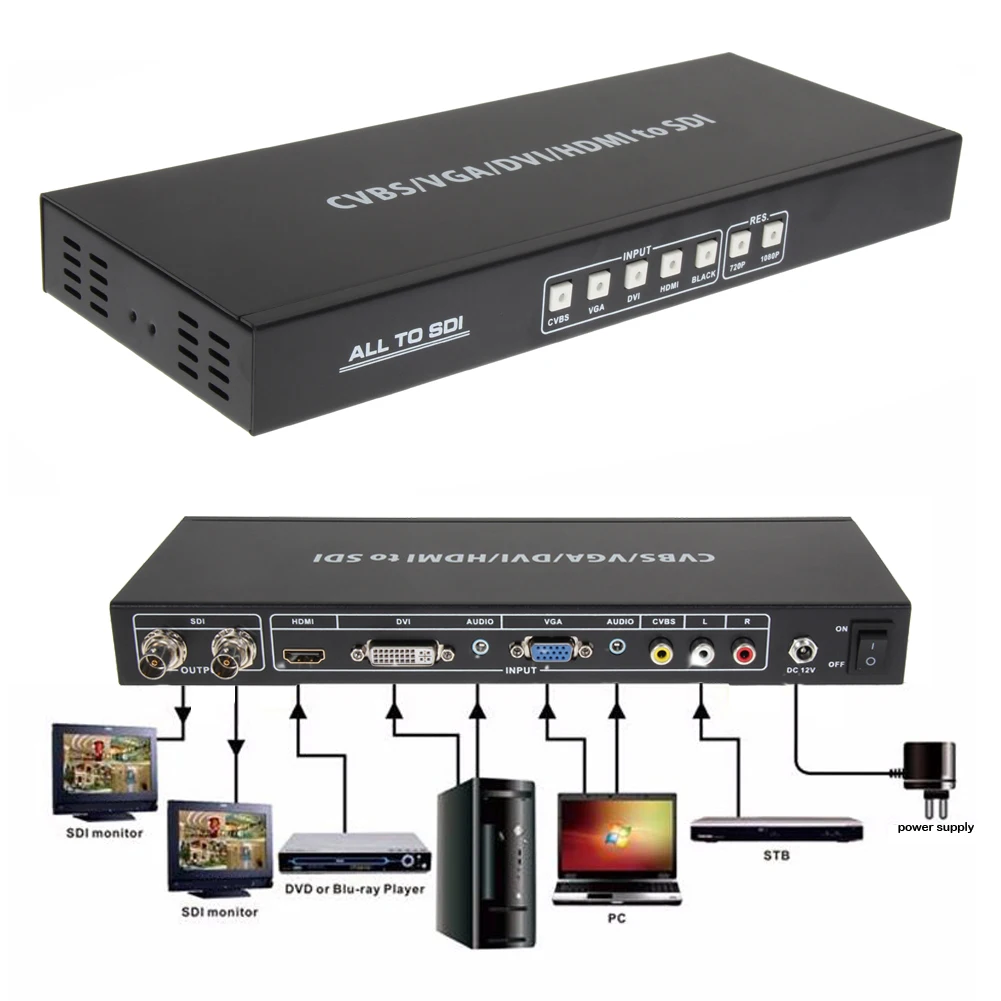 Prix pour 1 Pcs Tous à SDI Convertisseur HDMI DVI VGA AV Singal À 2 Port 3G SDI Splitter Scaler Converter avec US/UE DC Puissance adaptateur Prix pour 1 Pcs Tous à SDI Convertisseur HDMI DVI VGA AV Singal À 2 Port 3G SDI Splitter Scaler Converter avec US/UE DC Puissance adaptateur