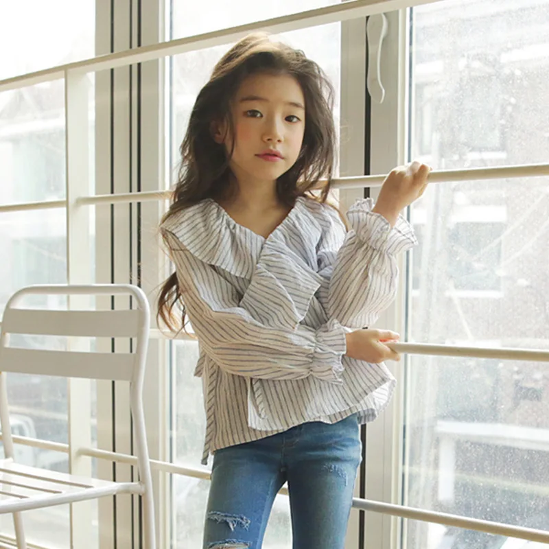 

ruffles elegant blouse for girls long sleeve tops baby shirts spring summer 2018 striped cotton blouse girls teenage clothing
