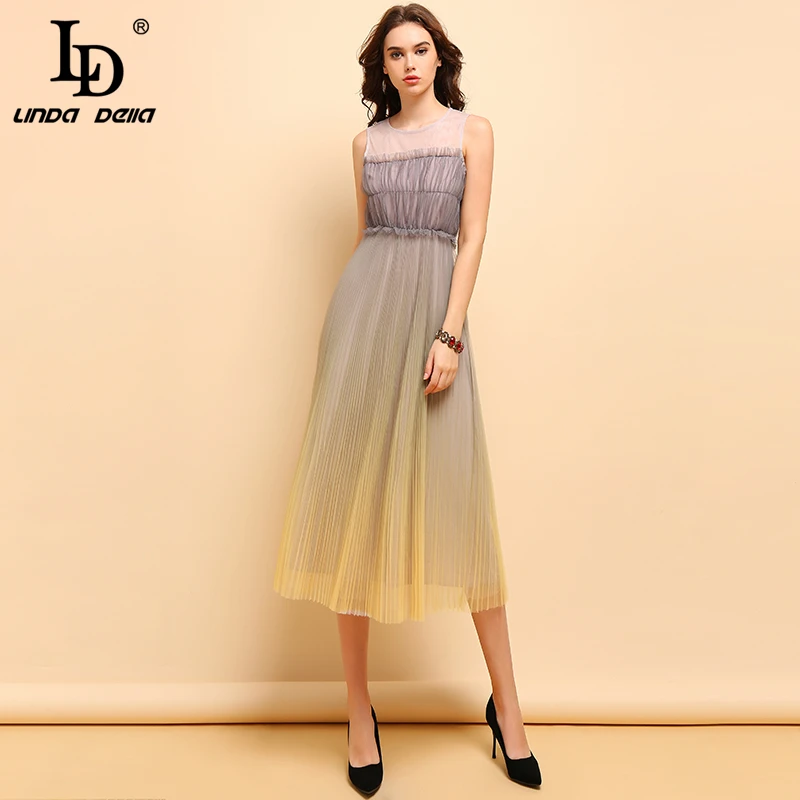 

LD LINDA DELLA New Fashion Spring Summer Dress Women's Sleeveless Pleated Mesh Overlay Draped Elegant Casual Ladies Midi Dresses
