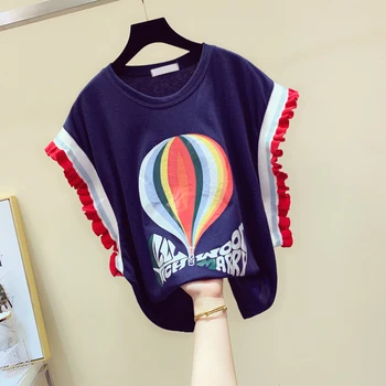 

Summer Fashion Tshirt Woman 2019 New Korean Style Lotue Leaf Side Sleeveless Top Knitted Patch T-shirt Colour Hot Balloon Tees