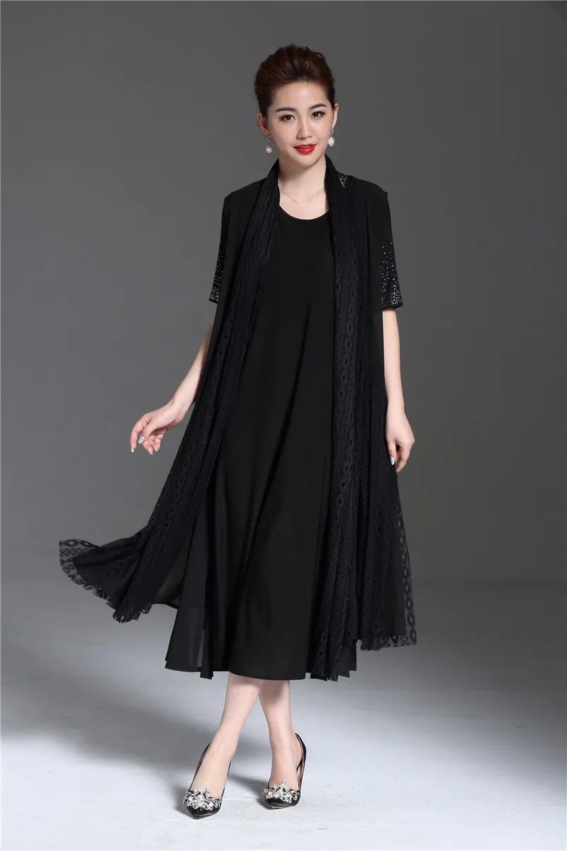 Летнее элегантное свободное кружевное длинное платье для женщин среднего возраста, вечернее платье, стразы, черный цвет, два предмета, платья для мам, большие размеры XXXXL 4XL