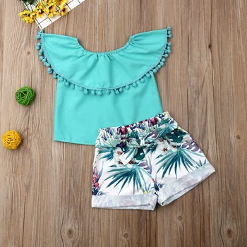

Emmababy Summer Newest Fashion Toddler Baby Girl Clothes Off Shoulder Tassels Tops Flower Print Short Pants 2Pcs Outfits Clothes