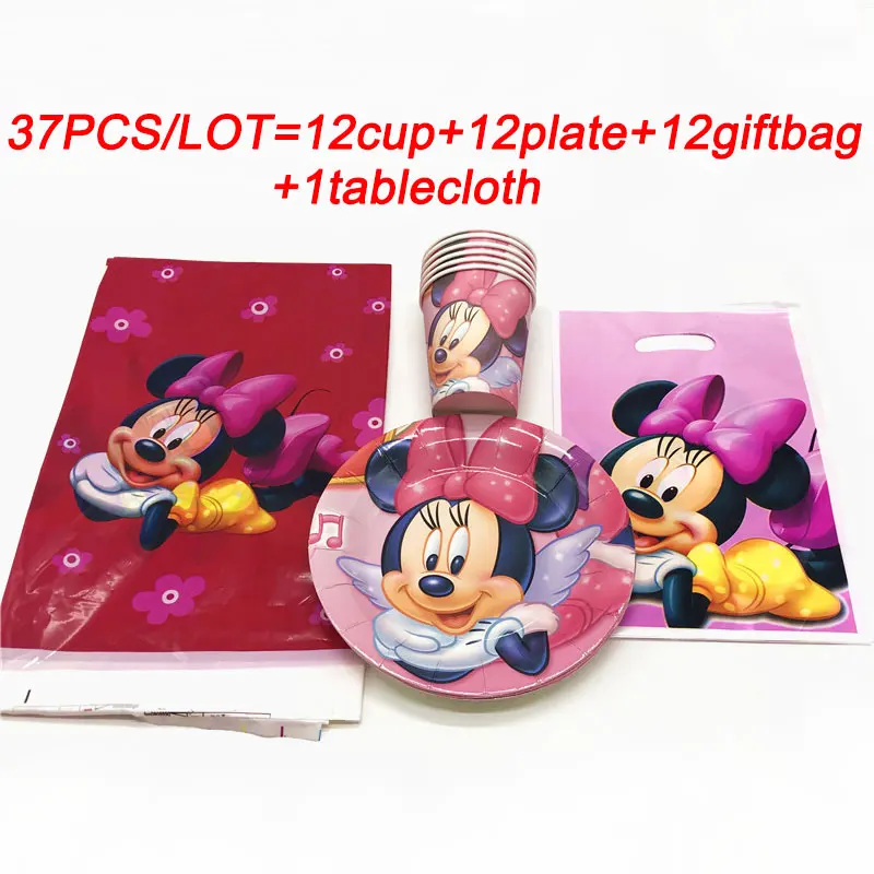 

Minnie mouse party supplies birthday party decoration set cups plates flags tablecloth straws Minnie disposable tableware set