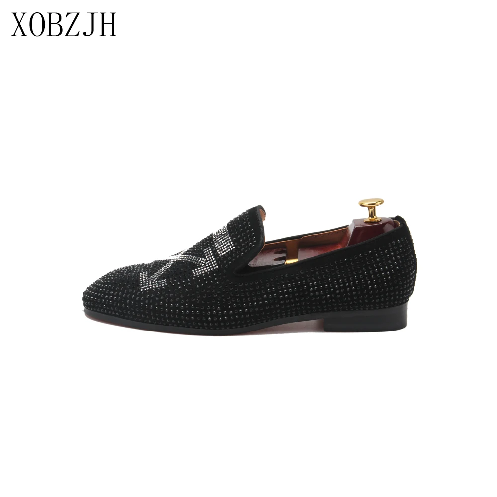

XOBZJH Men Shoes 2019 Men Luxury Wedding Prom Black Rhinestone Loafers Designer High Quality Leather red Bottom Big Size Shoes