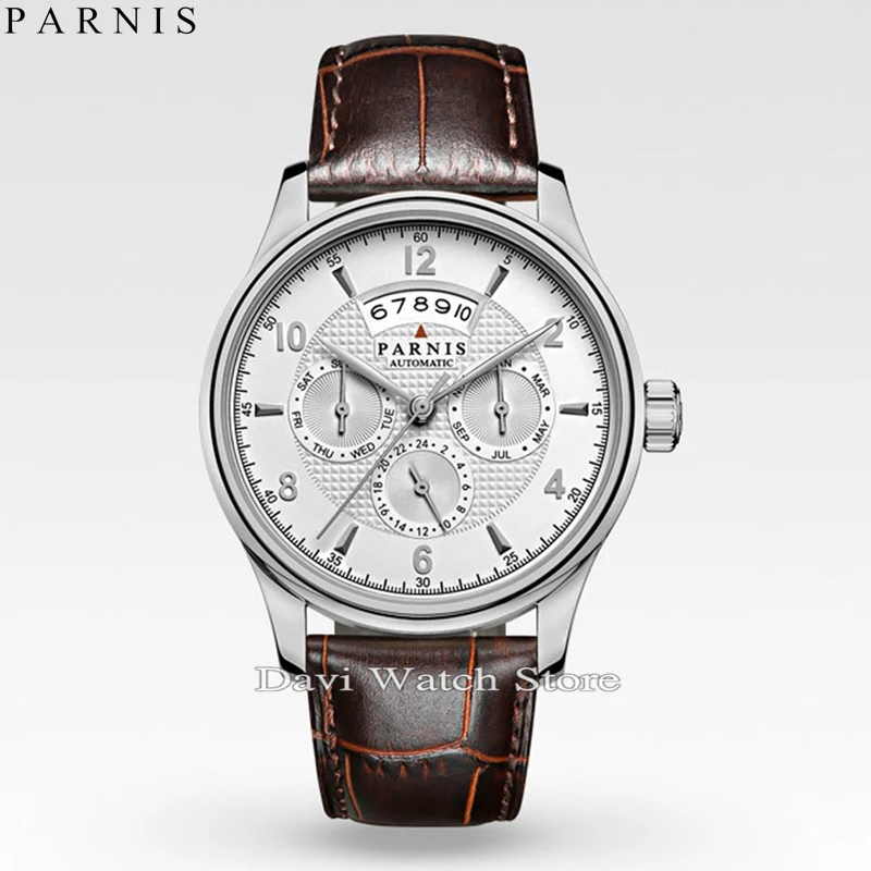 

parnis 42mm Sapphire Glass white dial 26 jewels miyota 9100 Automatic mens Watch