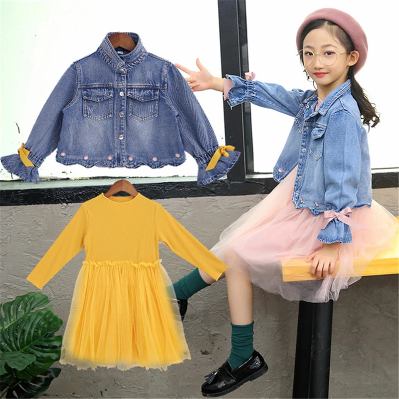 

2 piece/set Dress for girls 2018 autumn denim coat long sleeve princess dresses for big girls 8 10 11 12 16 years kids Teenager