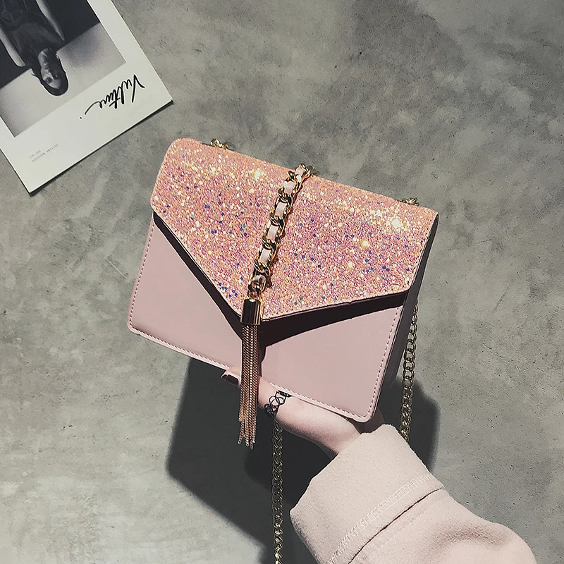 Moda 2019 nuevo bolso cuadrado de lentejuelas de mujer de cuero PU de alta calidad bolso de diseñador de borla cadena hombro bandolera