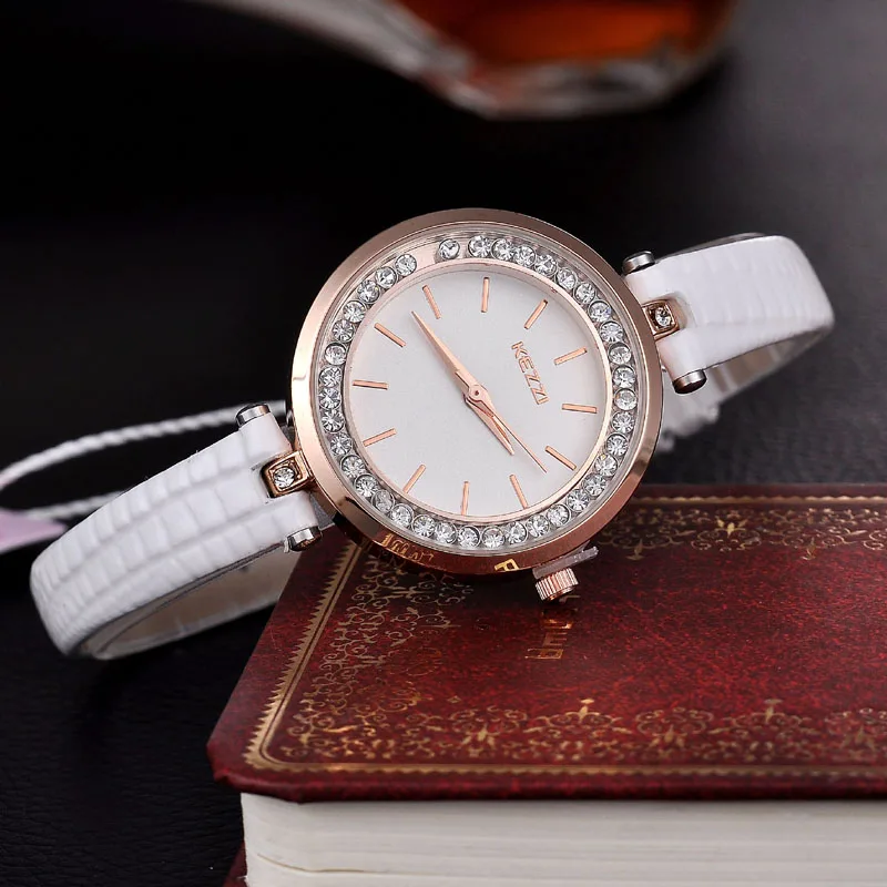 Элегантный KEZZI платье дамы тонкий ремешок наручные часы блестящие стразы Высокое качество позолоченный чехол водонепроницаемые часы - Цвет: Белый