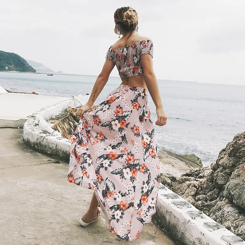 Danjeaner Off Shoulder Floral Print Summer Maxi Dress Plus Size Women Two Piece Set Beach Dress Female Sexy Split Boho Dresses