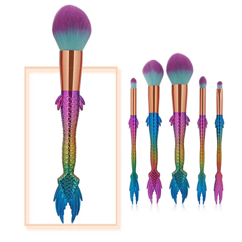 

5Pcs Mermaid Brush Set for Women Makeup Facial Blending Contour Flame Foundation Brush Cosmetics Colorful Rainbow Fish Brush