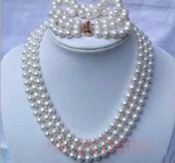 

2016 spring 3 row strands AAA+ 9-10mm akoya white pearl necklace / bracelet >Lovely Women's Wedding Jewelry Pretty