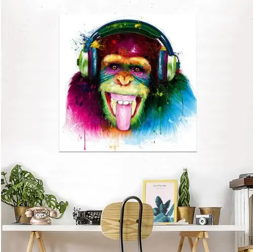

Canvas Printed Painting Large size Animal Monkey Modern Funny Thinking gorilla with Headphone Wall Art for Living Room Decor