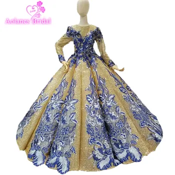 

2018 New Dubai Arabic Blue Lace Gold Tulle O-neck Bridal Dress Floor-length Backless Ball Gown Princess Vintage Wedding Dresses