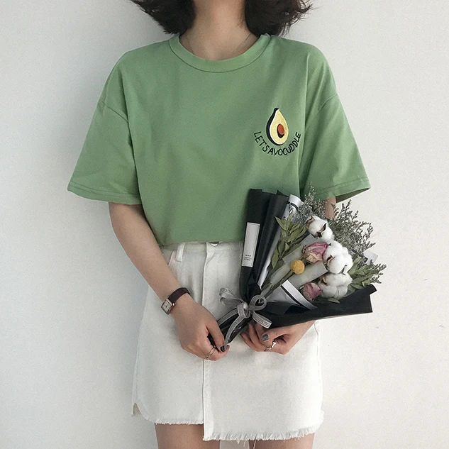 Новинка, милая футболка с вышивкой авокадо, короткий рукав, женская летняя маленькая Свежая футболка, Harajuku, женская футболка, Топ