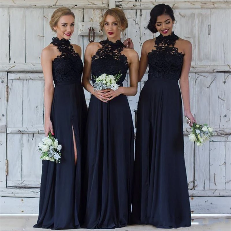 

2019 Navy blue Halter Long Bridesmaid Dresses Sexy Side Split Lace Wedding Party Dress Sweep Train Maid Of Honor Gowns