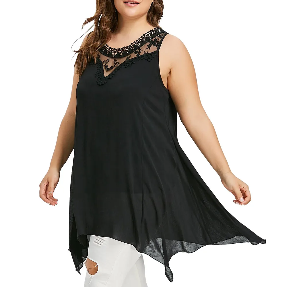 Fashion Womens Summer Top Plus Size Lace Sleeveless Asymmetric Top O