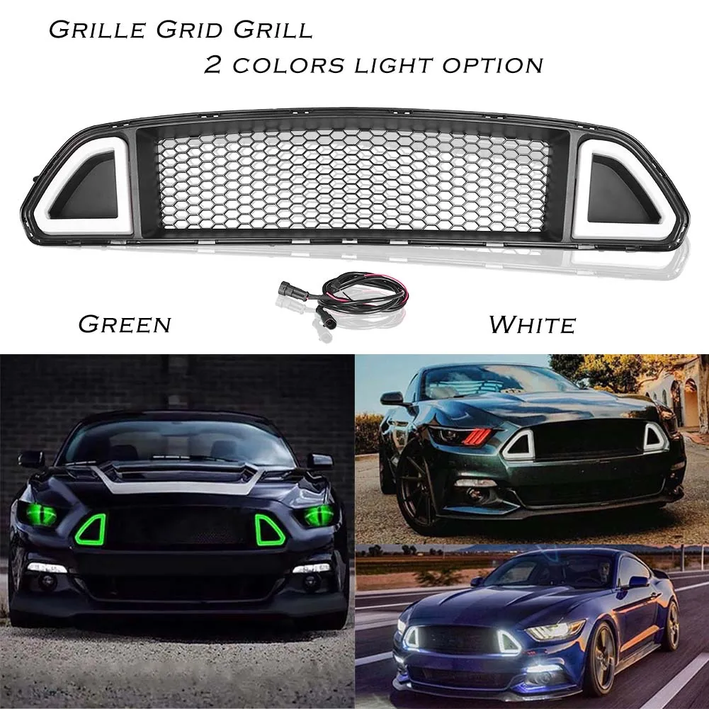  For Ford Mustang 2015 2016 2017 Front Grille Center Grill w/ LED Light Lamp White /Green - 32852949977