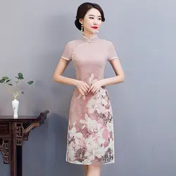Для женщин; Большие размеры шифон Qipao летние шорты рукавом элегантное вечернее платье стильный принт в китайском стиле цветочный Чонсам