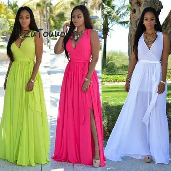 

African Lemon Green White Maxi Long Evening Dresses Deep V Neck Summer Holiday Graduation Dress With Side Slits Outdoor Party