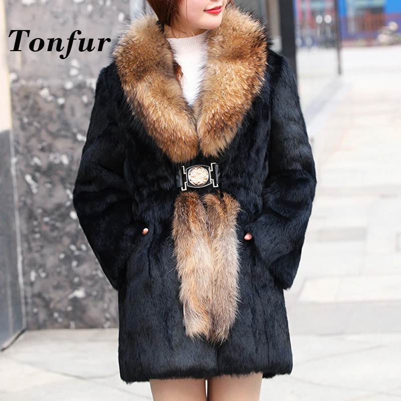 

Factory Customize Plus Big Size Full Pelt Real Rabbit Fur Coat with long Natural Raccoon Fur Collar Overcoat tbsr118