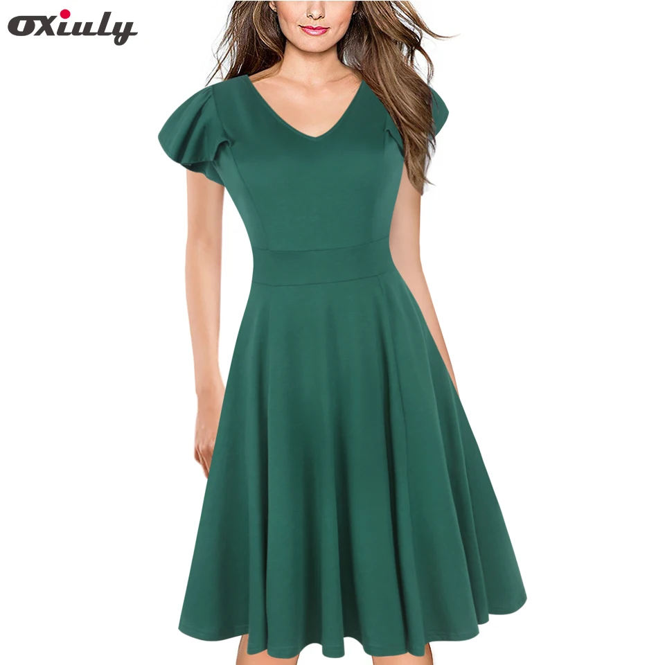 

Oxiuly Vintage Solid Women Elegant Casual Work Party Fit and Flare A-line Tunic Office Casual A Line Skater Dress Vestidos