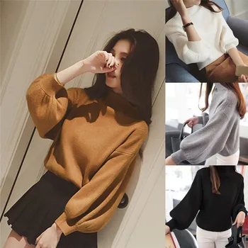 

Women Batwing Sleeve Loose Sweater Autumn Winter Vintage Sweater Turtleneck Knitted Pullover Sweaters Crop Top