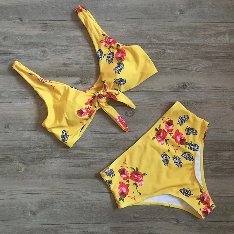 

CALOFE Floral Printed Bikinis Set Women Tankinis High Waist Swimwear 2018 Summer Push Up Swimsuits Bowknot Bathing Biquinis New