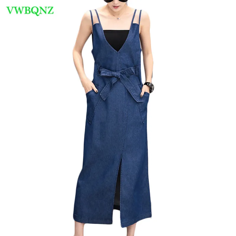 

New Spring Summer Street Strap Dress Women V collar Backless Loose Sling Dresses Women's Fashion Sleeveless Denim Dresses A584